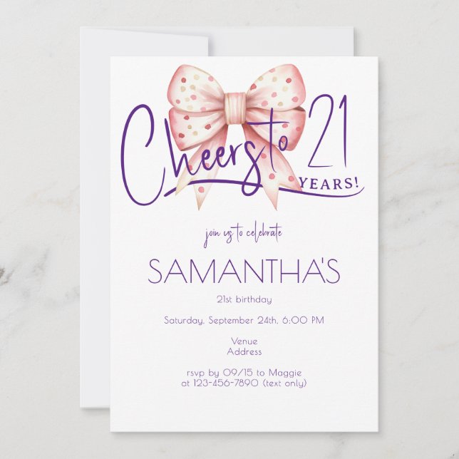 Coquette Pink Bow Cheers 21st Birthday Photo  Invitation (Front)