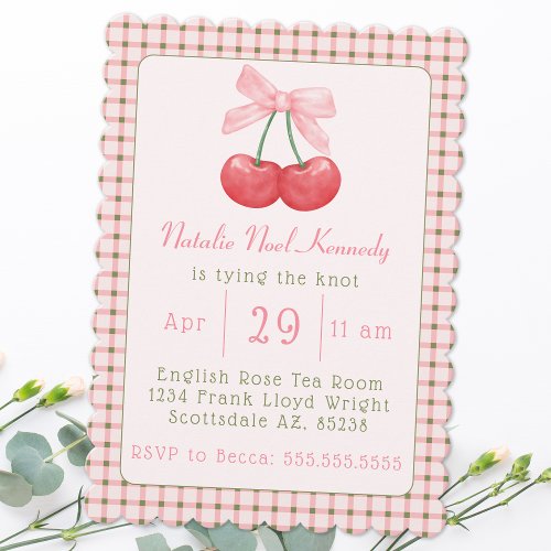 Coquette Pink Bow Cherries Aesthetic Bridal Shower Invitation