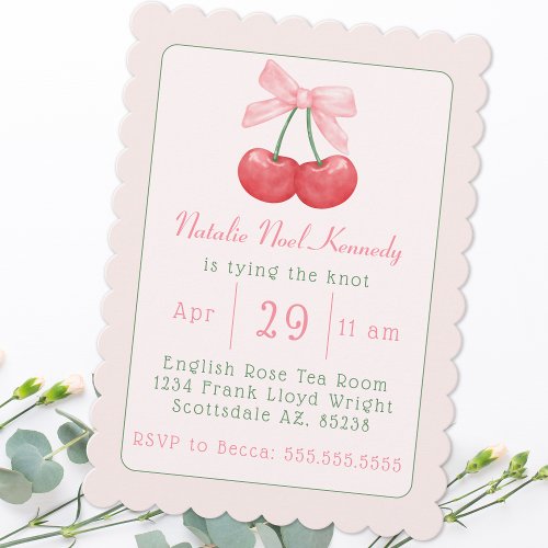 Coquette Pink Bow Cherries Aesthetic Bridal Shower Invitation
