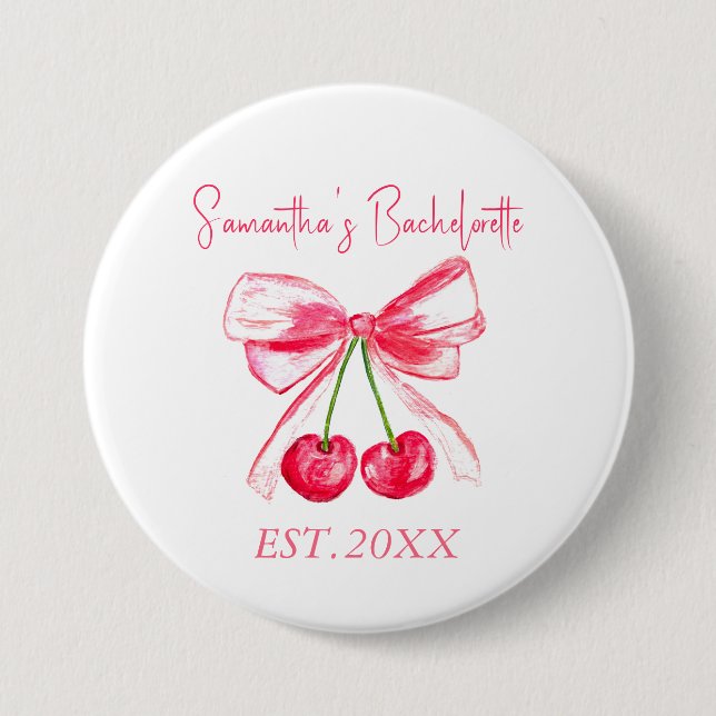Coquette Pink Bow Cherry Bachelorette Party  Button (Front)