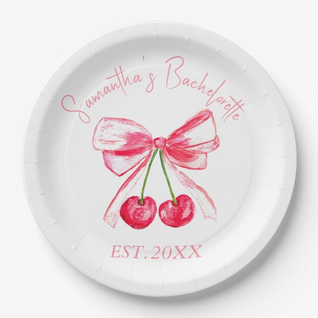 Coquette Pink Bow Cherry Bachelorette Party  Paper Plates (Front)