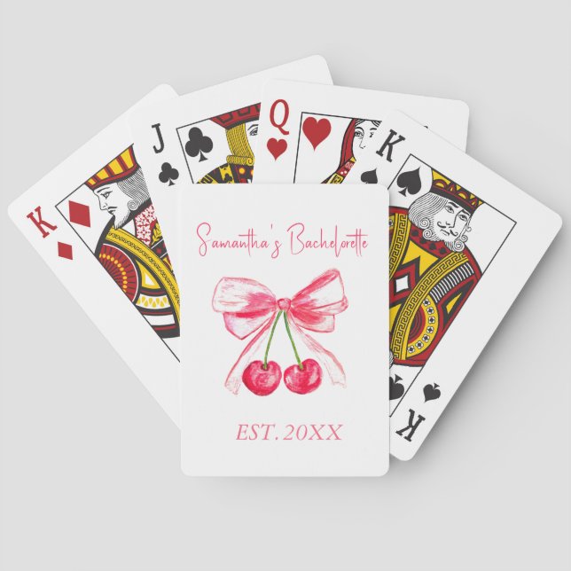 Coquette Pink Bow Cherry Bachelorette Party  Poker Cards (Back)