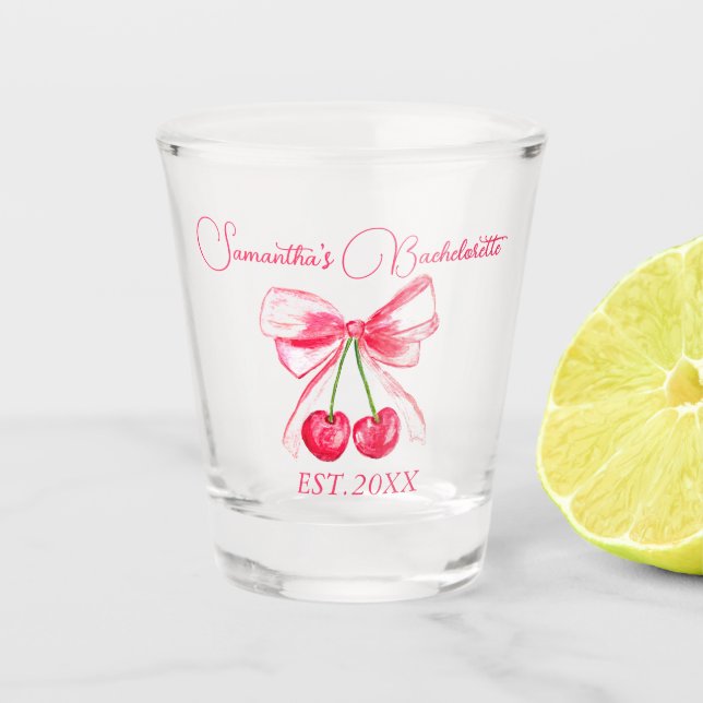Coquette Pink Bow Cherry Bachelorette Party  Shot Glass (Front)