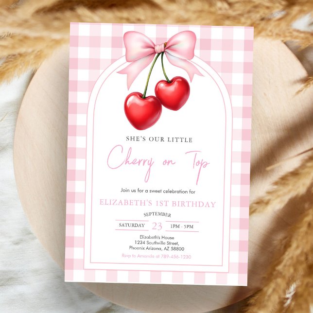 Coquette Pink Bow Cherry Birthday Invitation (Creator Uploaded)