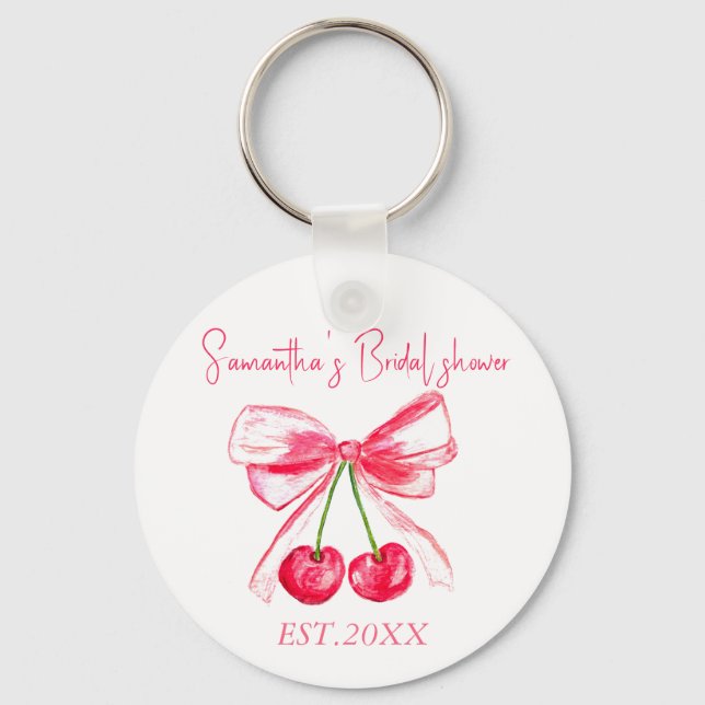 Coquette Pink Bow Cherry Bridal shower  Keychain (Front)