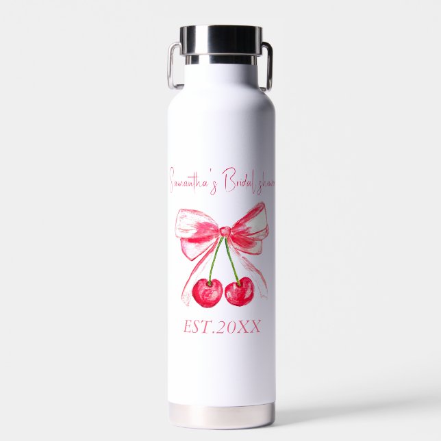 Coquette Pink Bow Cherry Bridal shower Water Bottle (Front)