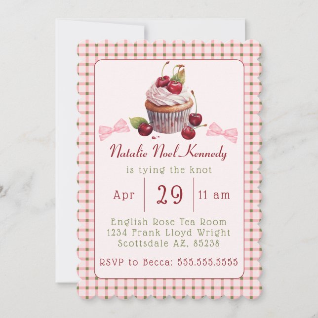 Coquette Pink Bow Cherry Cake Cute Bridal Shower Invitation (Front)