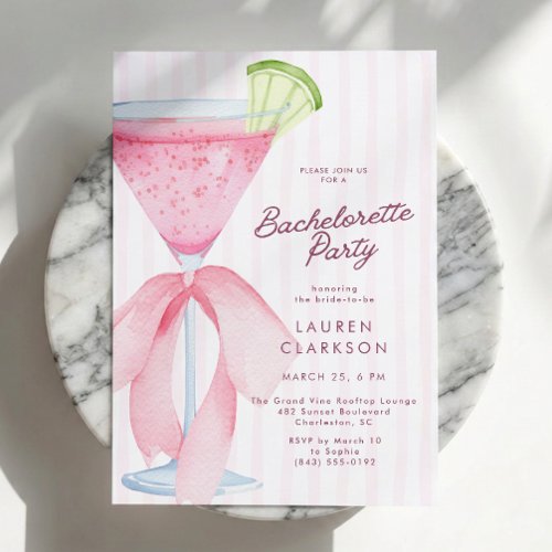 Coquette Pink Bow Cocktail Bachelorette Party Invitation