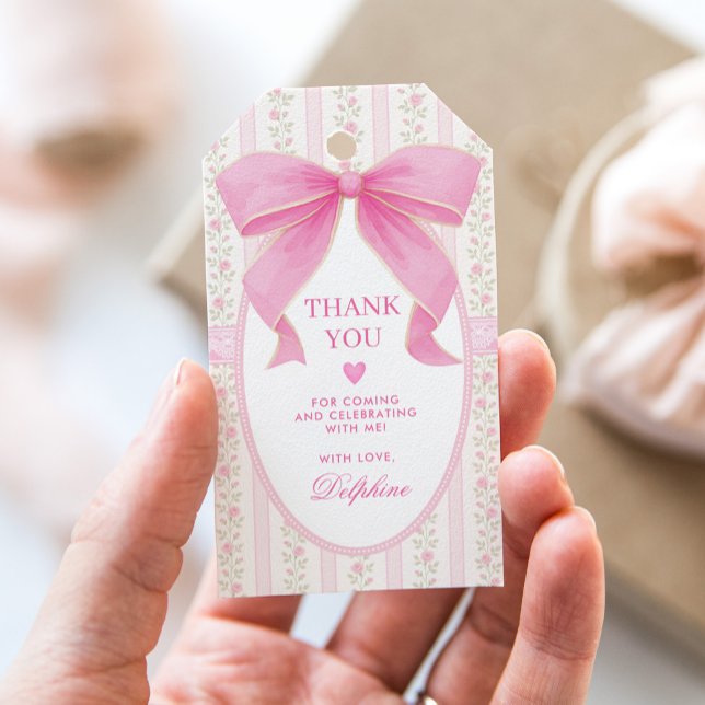 Coquette Pink Bow Cottage Floral Roses Thank You Gift Tags (Creator Uploaded)