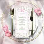 Coquette Pink Bow Elegant Vintage Baby Shower Menu<br><div class="desc">Indulge in the sweet nostalgia of cherished moments with our captivating item, where vintage charm meets modern elegance to create an atmosphere of pure love and affection. This enchanting design captures the essence of timeless romance, with delicate motifs and soft hues evoking memories of days gone by. Each element is...</div>
