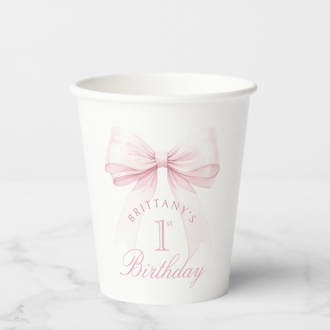 Coquette Pink Bow First Birthday Paper Cups (Front)