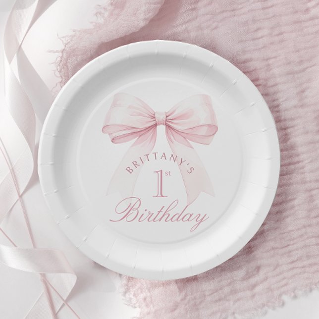 Coquette Pink Bow First Birthday Paper Plates (Creator Uploaded)