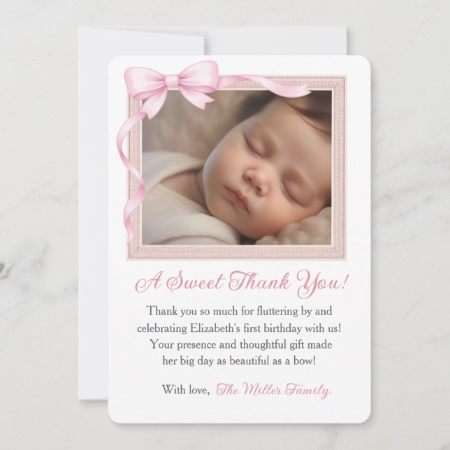 Coquette Pink Bow First Birthday Photo Invitation (Front)