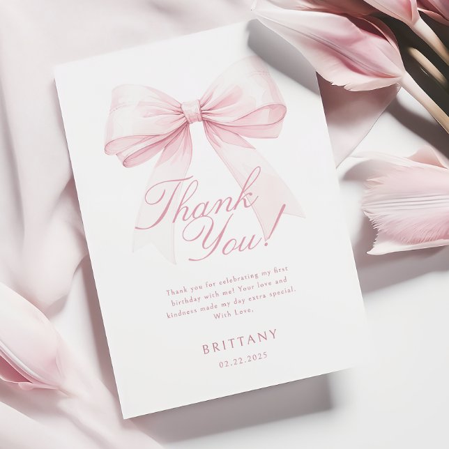 Coquette Pink Bow First Birthday Thank You Card (Creator Uploaded)