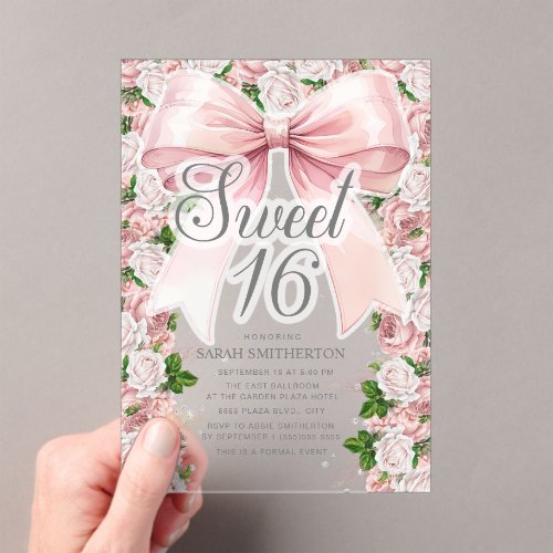 Coquette Pink Bow Floral Vintage Sweet 16 Acrylic Invitations