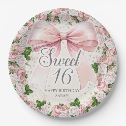 Coquette Pink Bow Floral Vintage Sweet 16 Paper Plates