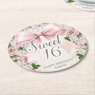 Coquette Pink Bow Floral Vintage Sweet 16 Round Paper Coaster