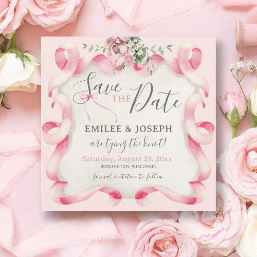 Coquette Pink Bow Floral Wedding Save the Date  Invitation