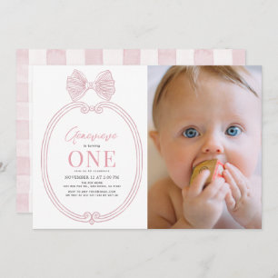 Coquette Pink Bow Frame Girl 1st Birthday Photo Invitation
