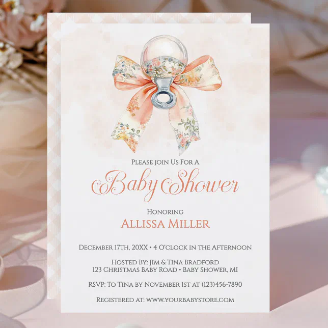 Coquette Pink Bow Gingham Girl Baby Shower Invitation | Zazzle