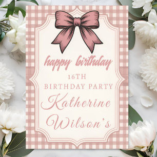 Coquette Pink Bow & Gingham Sweet 16  Card