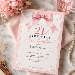 Coquette Pink Bow Girl 21st Birthday Party Invitation