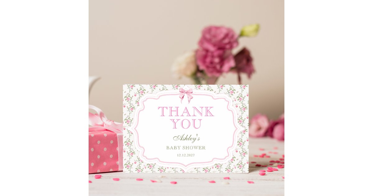 Coquette Pink Bow Girl Baby Shower Thank You Card | Zazzle
