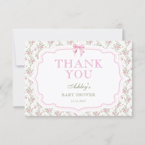 Coquette Pink Bow Girl Baby Shower Thank You Card | Zazzle