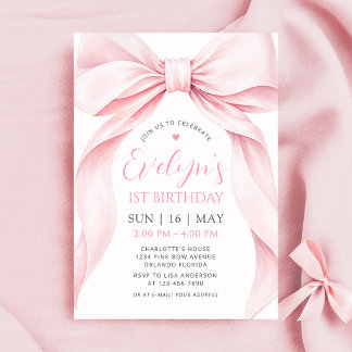 Coquette Pink Bow Girl First Birthday Invitation