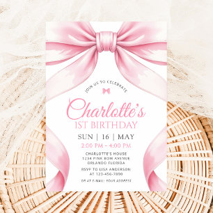 Coquette Pink Bow Girl First Birthday Invitation