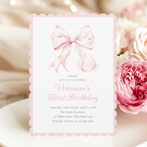 Coquette Pink Bow Girl First Birthday Invitation
