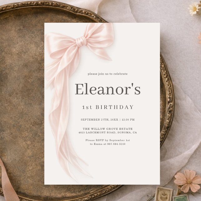 Coquette Pink Bow Girl's 1st Birthday Invitation (Creator Uploaded)