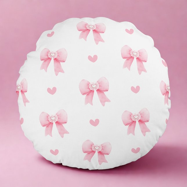 Coquette Pink Bow & Heart Round Pillow (Creator Uploaded)