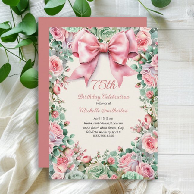 Coquette Pink Bow Mint Green Floral 75th Birthday Invitation (Coquette Pink Bow and Roses with Mint Green Watercolor Floral 75th Birthday Invitation)