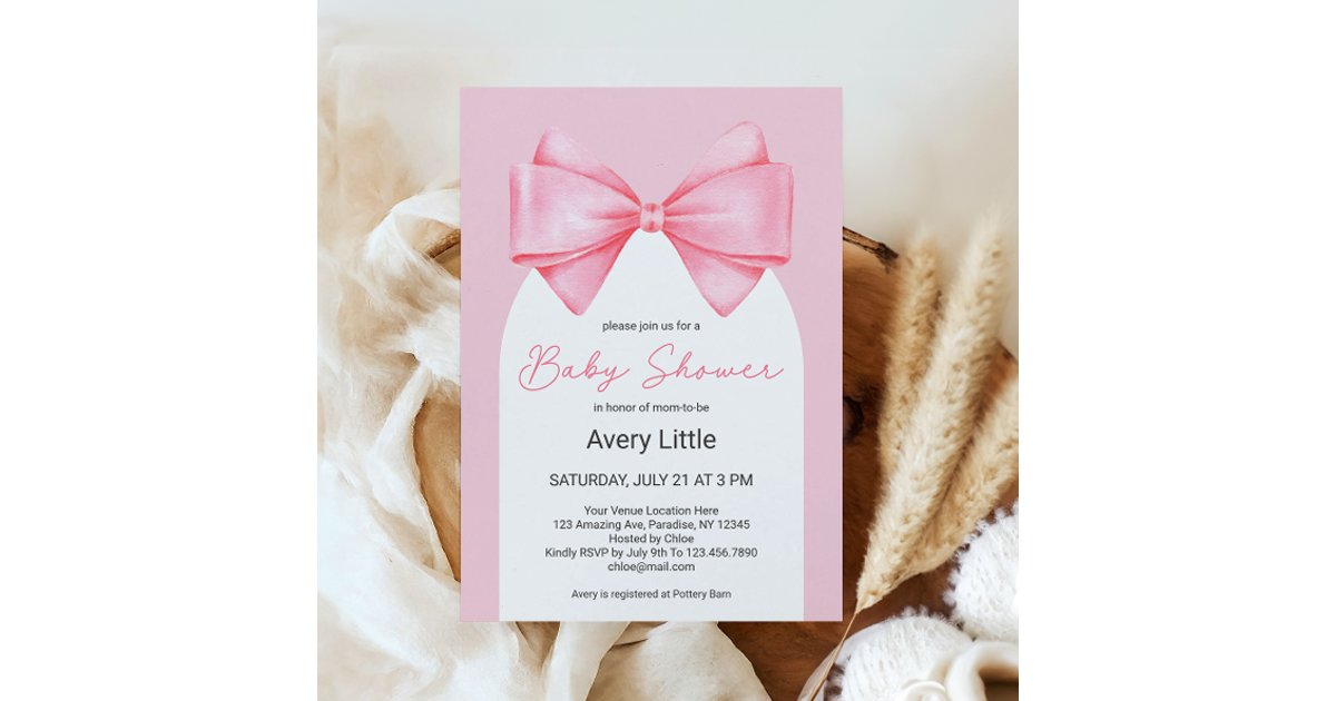 Coquette Pink Bow Modern Girl Baby Shower Invitation | Zazzle