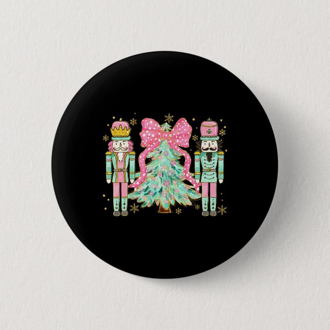 Coquette Pink Bow Nutcracker Christmas Tree Preppy Button (Front)