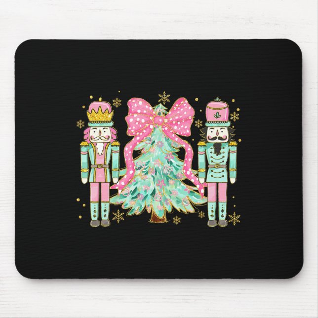 Coquette Pink Bow Nutcracker Christmas Tree Preppy Mouse Pad (Front)