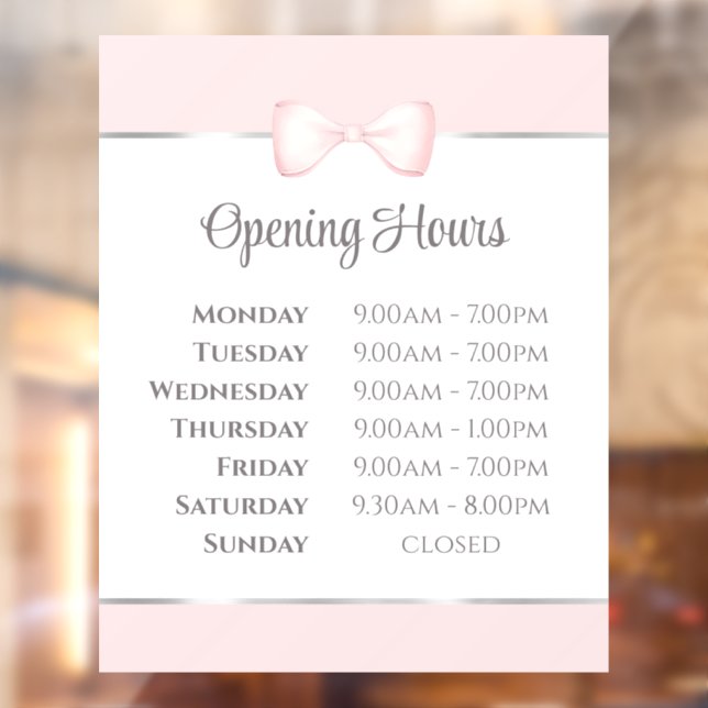 Coquette Pink Bow Opening Hours Window Cling (Sheet 2)