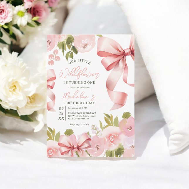 Coquette Pink Bow & Pastel Floral First Birthday Invitation (Coquette Pink Bow & Pastel Floral First Birthday Invitation)