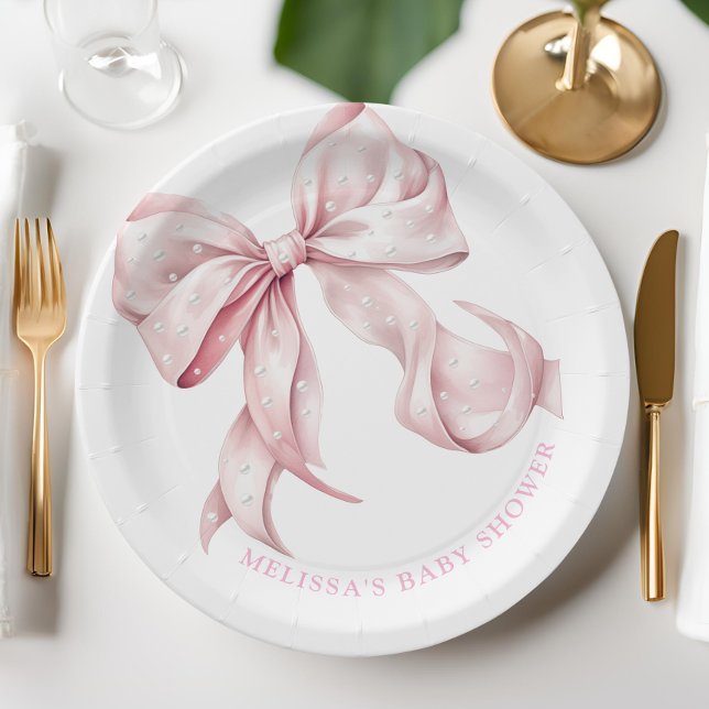 Coquette Pink Bow Pearls Baby Shower Paper Plates (Creator Uploaded)