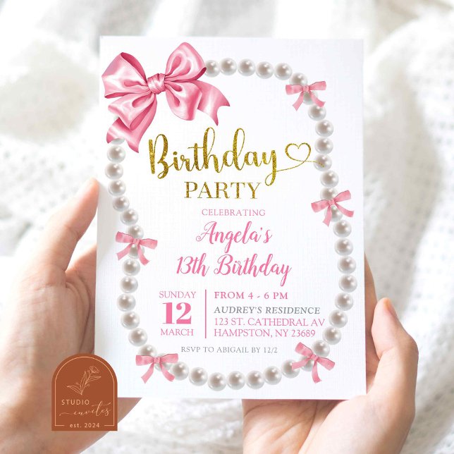 Coquette Pink Bow Pearls Birthday Party Invitation (Creator Uploaded)