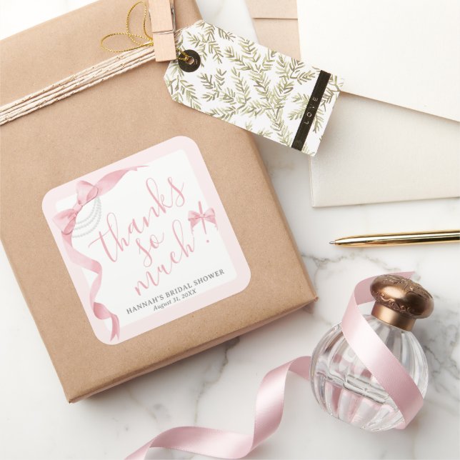Coquette Pink Bow & Pearls Bridal Shower Favor Square Sticker (Gifting)