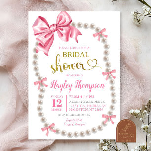 Coquette Pink Bow Pearls Bridal Shower Invitation