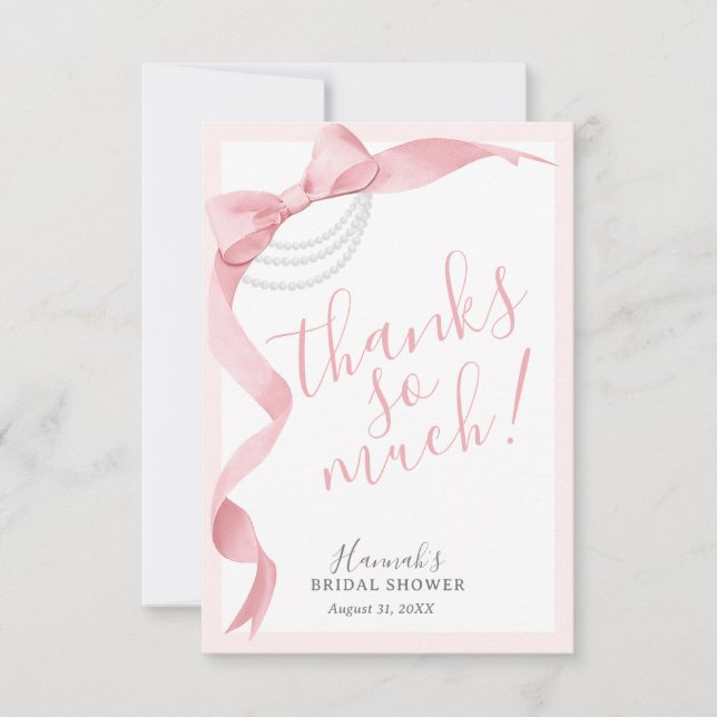 Coquette Pink Bow & Pearls Bridal Shower Simple Thank You Card (Front)