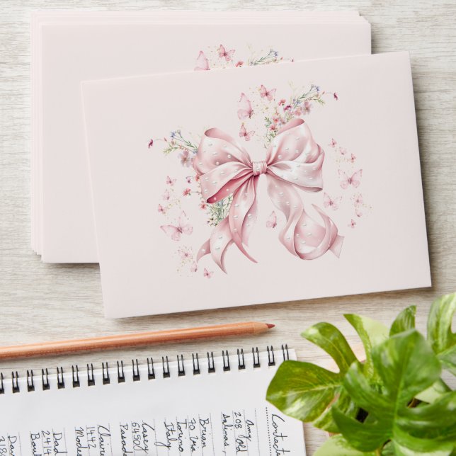 Coquette Pink Bow & Pearls Floral Butterflies Envelope (Stacked)
