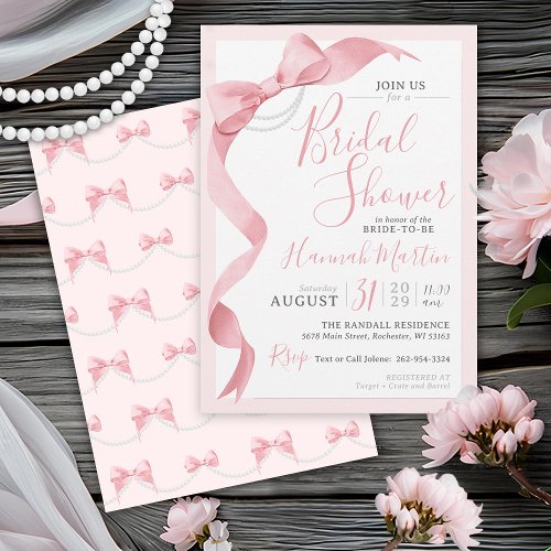 Coquette Pink Bow  Pearls Modern Bridal Shower Invitation