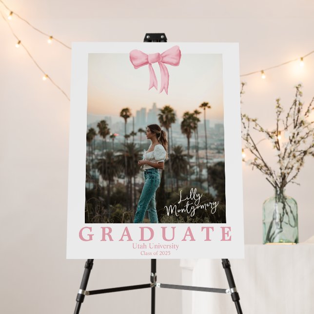 Coquette Pink Bow Photo Graduation Party Sign  (In Situ (Stand))