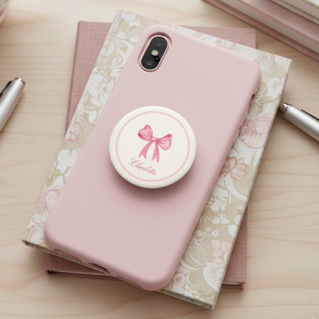 Coquette Pink Bow PopSocket (sweet cute pink coquette bow popsocket with custom name, personalized gift for teen girls women)