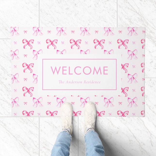 Coquette Pink Bow Preppy Girly Monogram Doormat (Indoor)