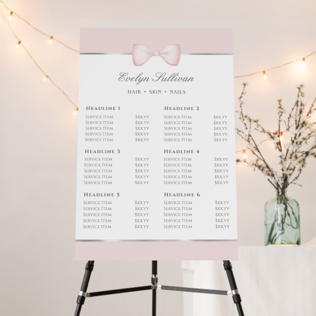 Coquette Pink Bow Price List Foam Board (In Situ (Stand))